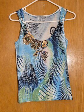 Vintage Alberto Makali Tank Top Size S Embellished Metallic Stretch Artsy FLAW